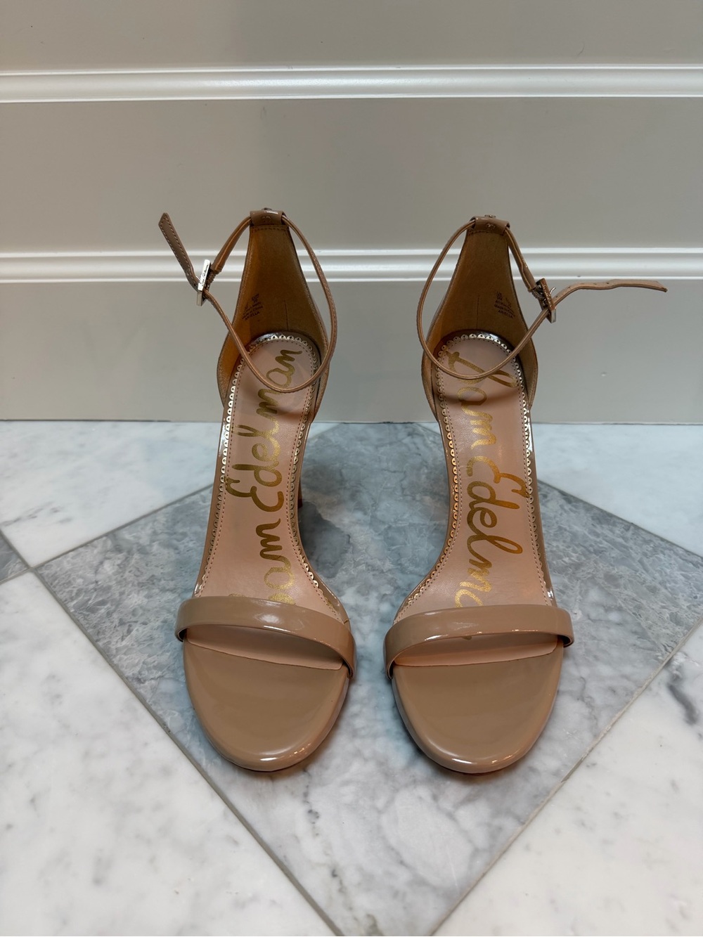 Sam Edelman Patent Ankle-Strap Sandals in Nude Beige